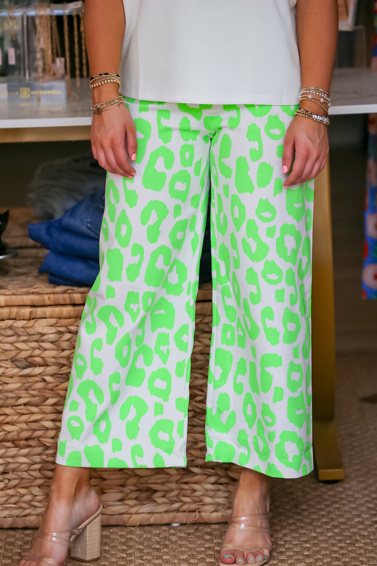 Leopard Pants Colette Cropped Wide-Leg in Lime