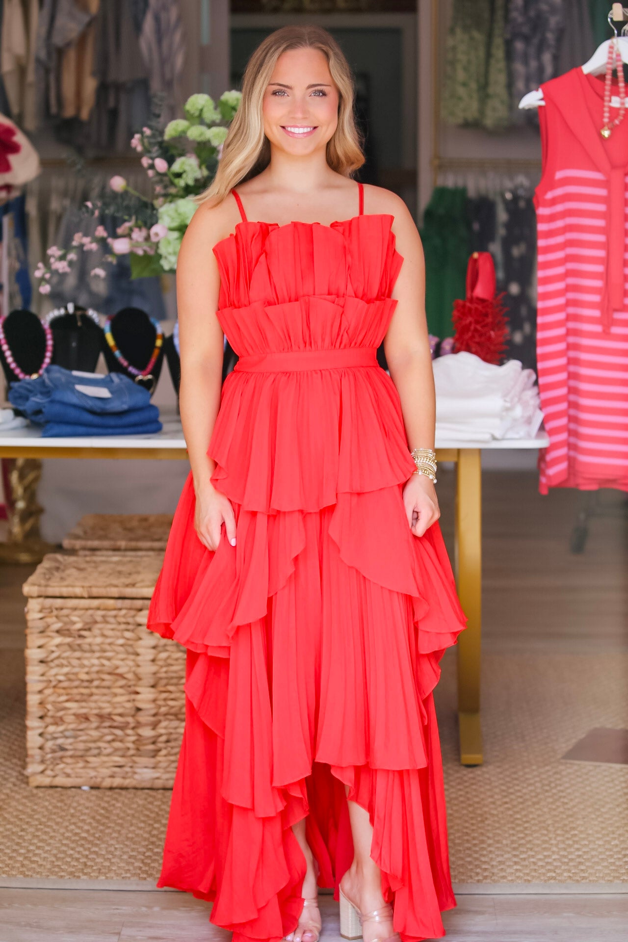 Pleated Layered Ruffle Dress- Red