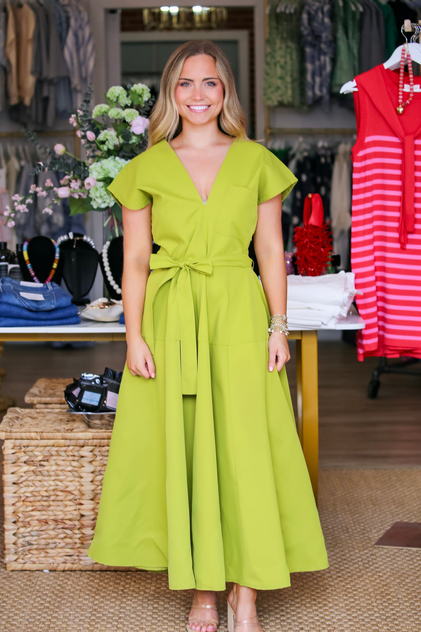 V-Neck Drop Shoulder Romantic Midi Dress in Lime