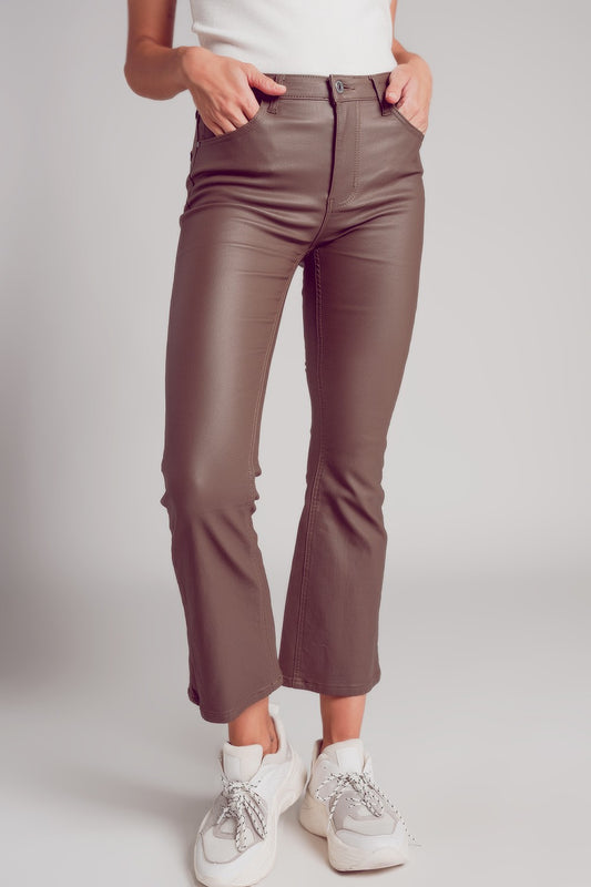 Stretch Faux Leather Flare Pants in Coffee