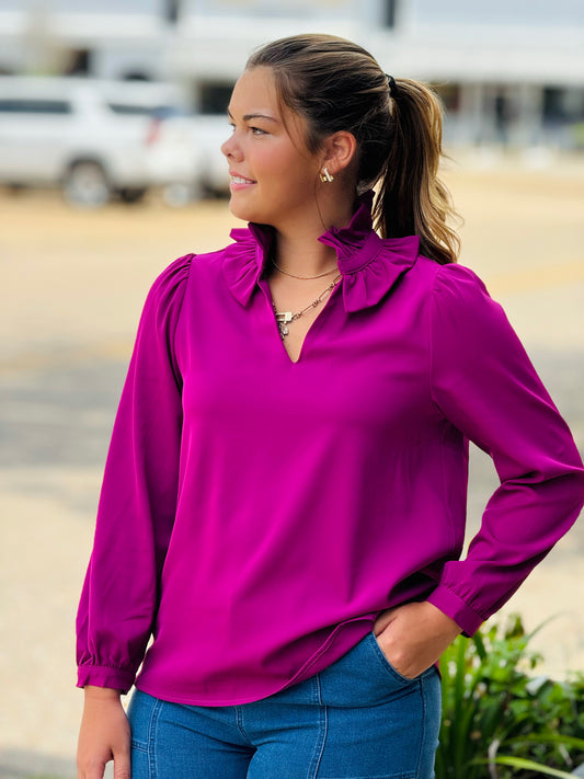 The Tracy Ruffle Neck Blouse in Orchid