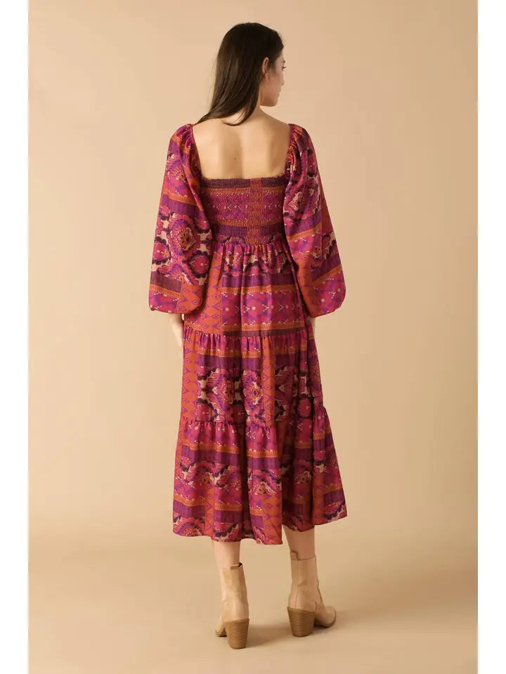 Printed Woven Midi Dress-Magenta