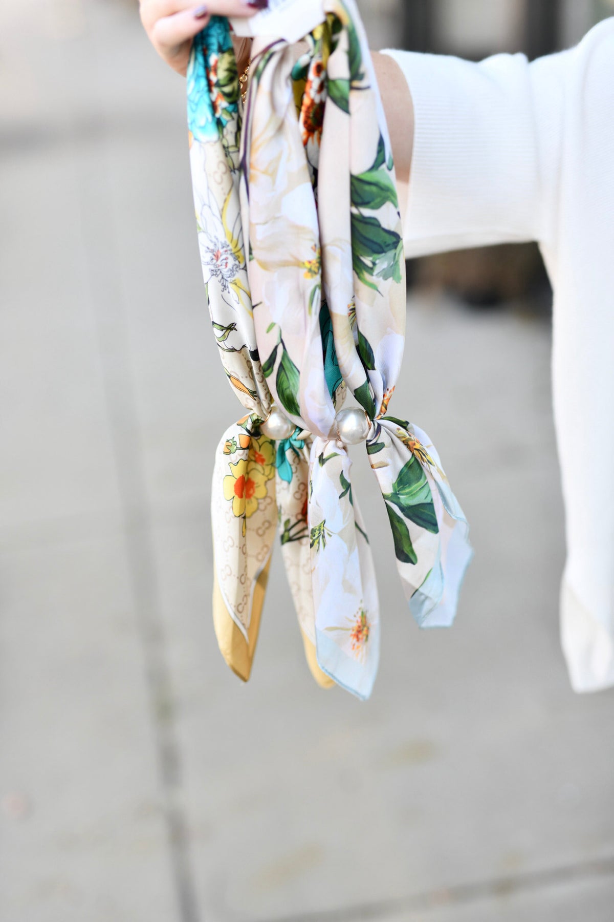 Pearl Accent Floral Scarf Necklace-Natural/Green
