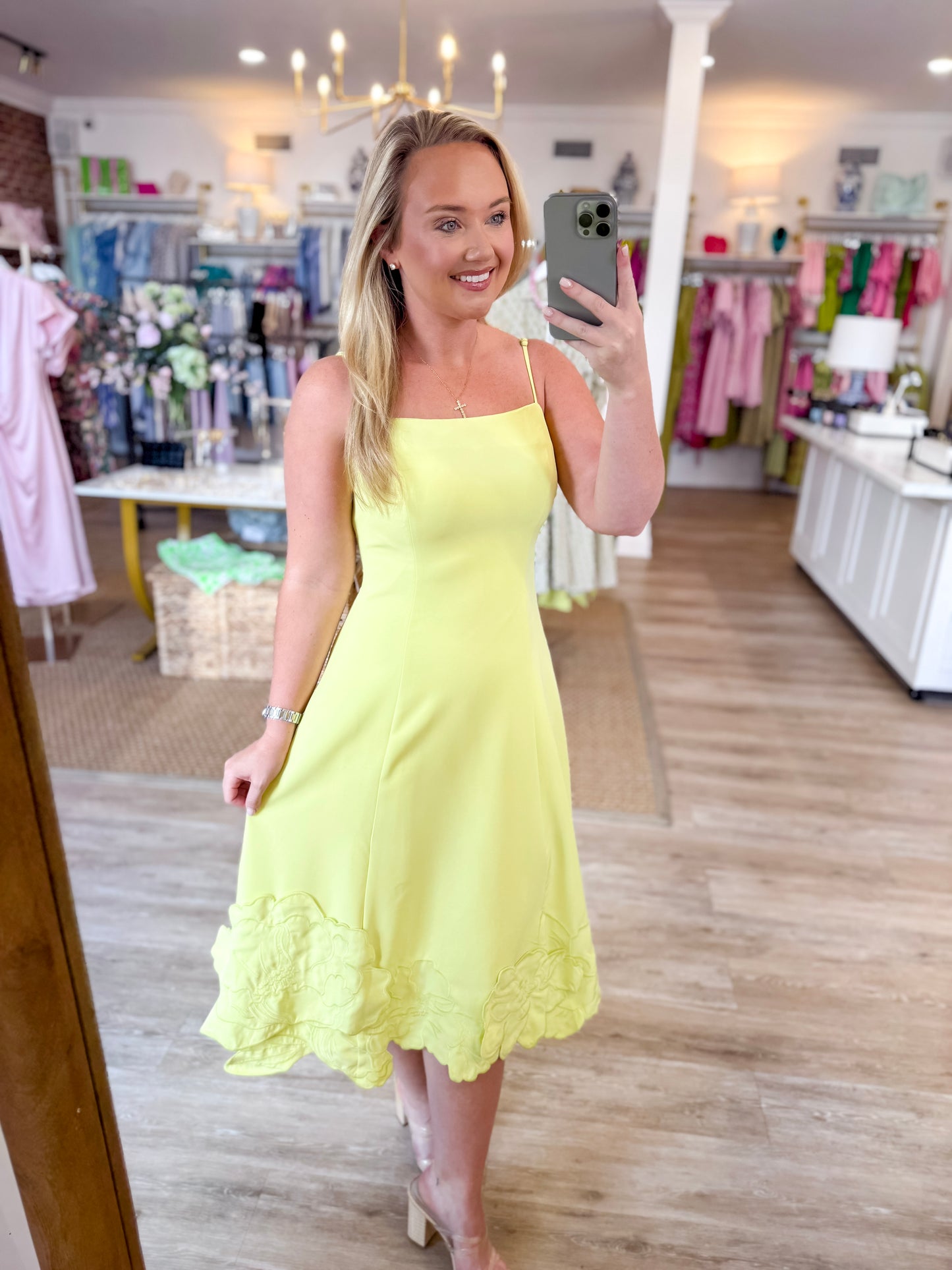 Floral Applique Sleeveless Midi Dress in Chartreuse