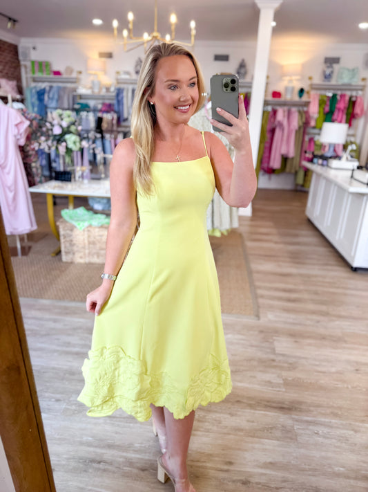 Floral Applique Sleeveless Midi Dress in Chartreuse