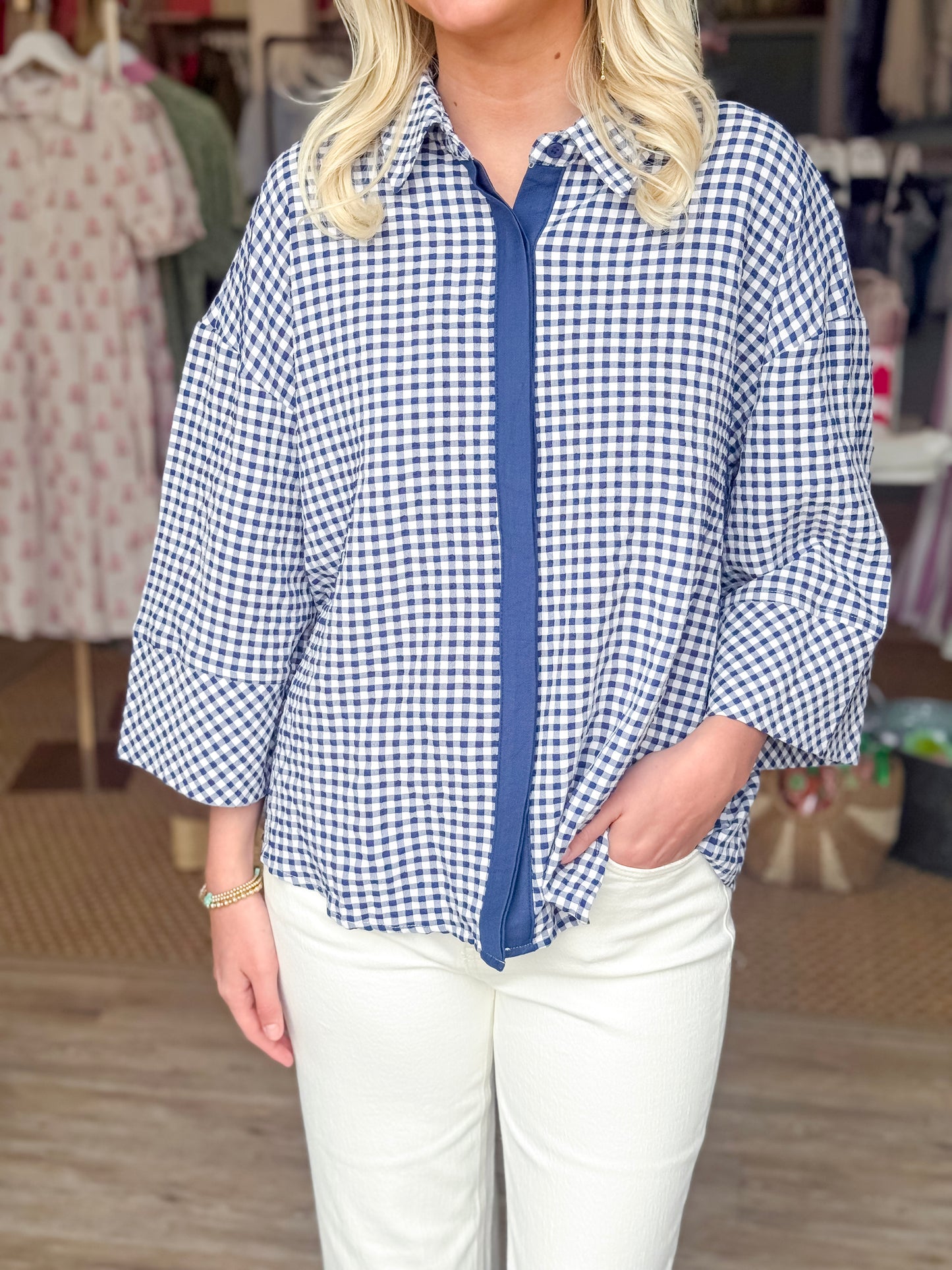 Classic Charm Gingham Top-Navy