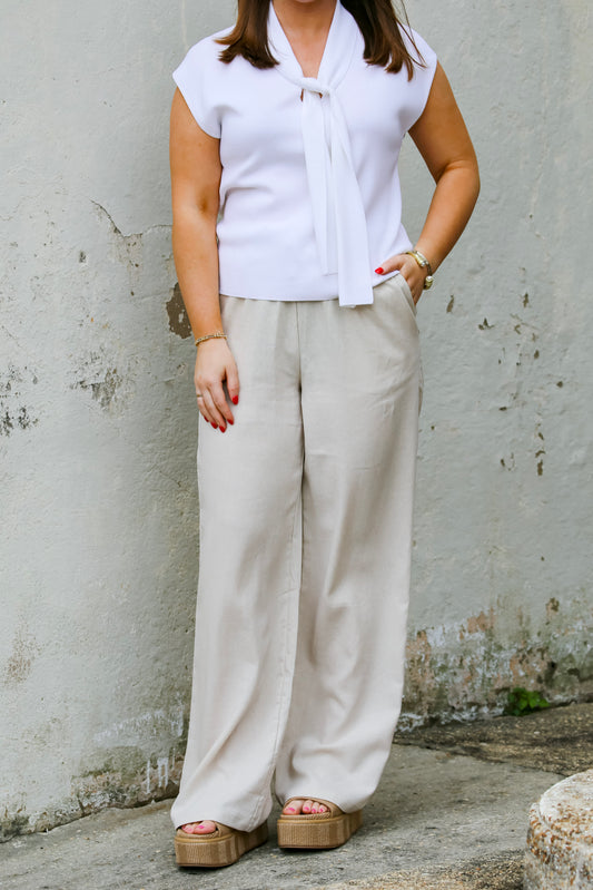 Linen Wide Leg Pants Drawstring Waist (Natural)