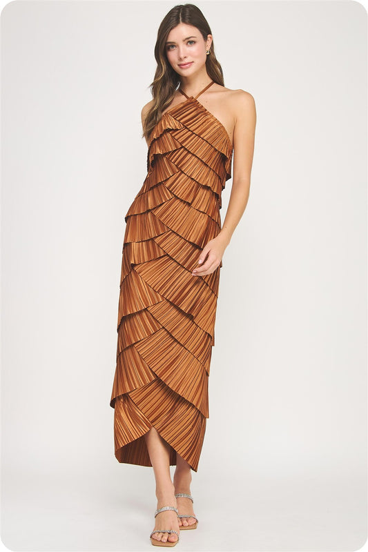 Pleated Tiered Midi Dress-Mocha