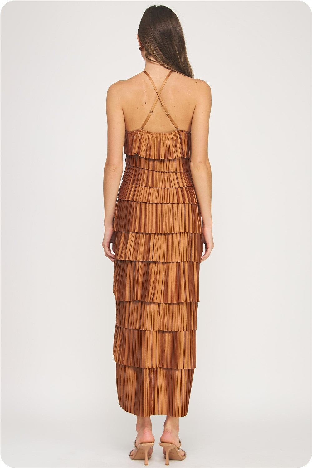 Pleated Tiered Midi Dress-Mocha
