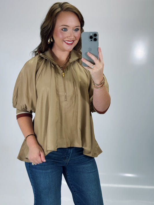 Victory Zip Blouse- Taupe
