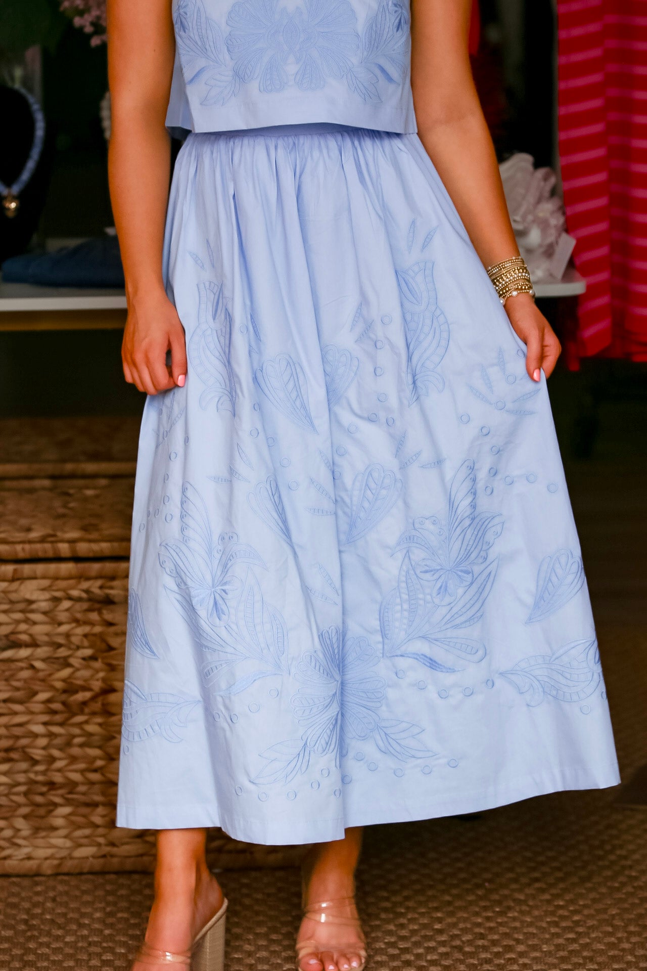 Blue Embroidered Crop Top and Midi Skirt Set