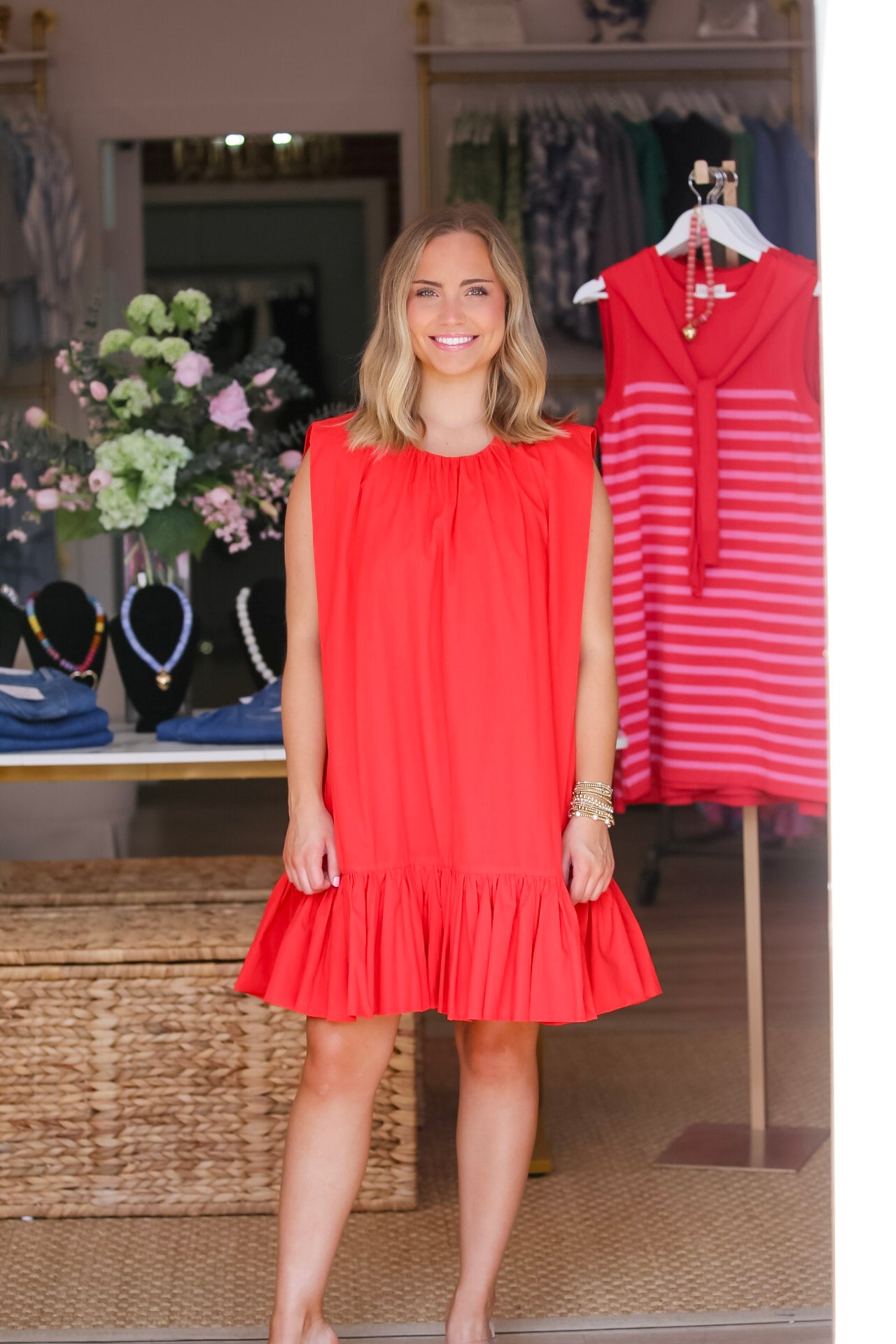 Sleeveless Ruffle Drop Waist Mini Dress in Red