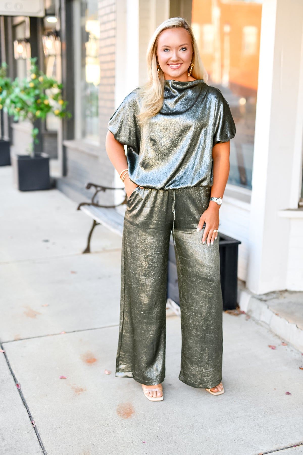 Metallic High-Neck Top in Olive