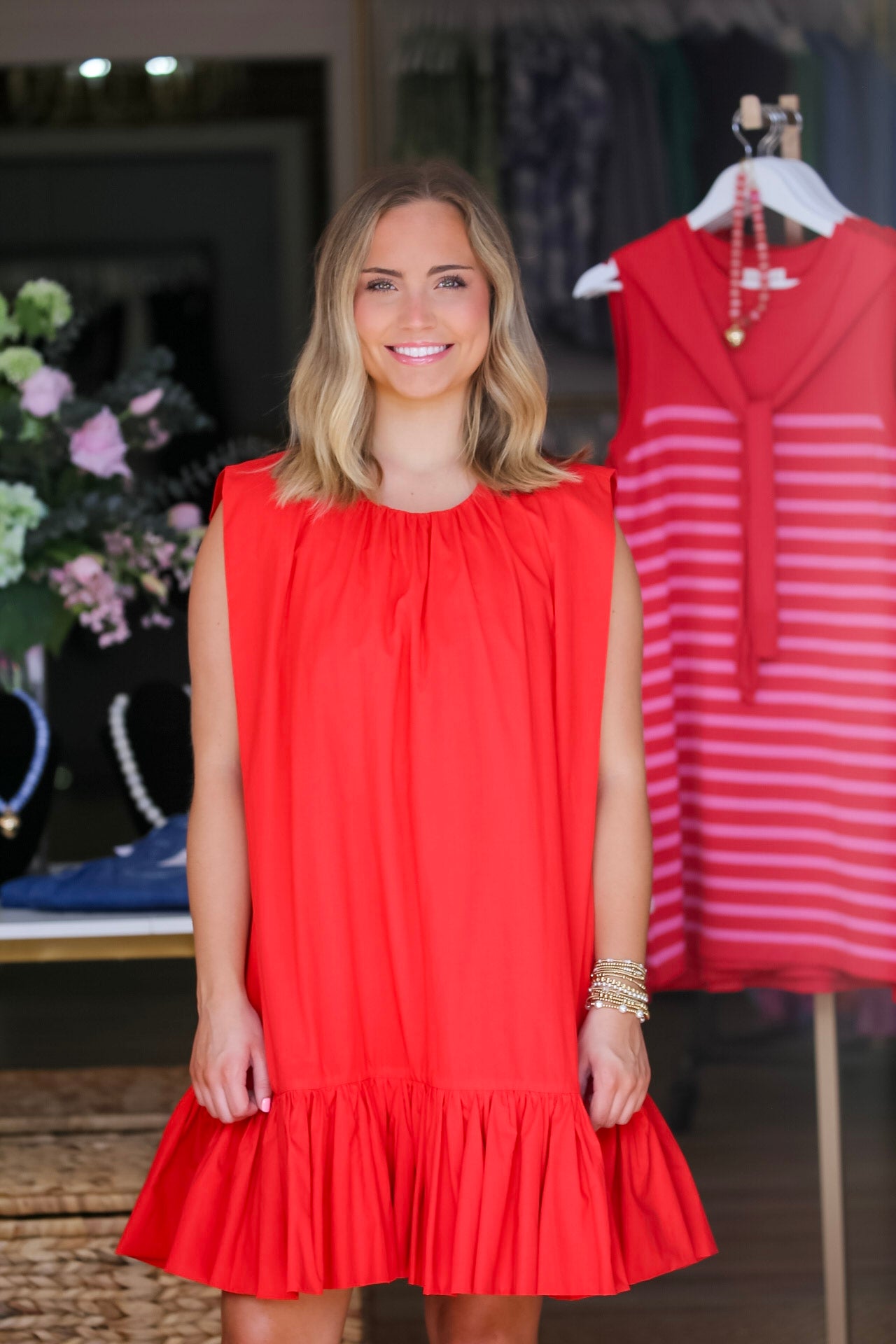Sleeveless Ruffle Drop Waist Mini Dress in Red