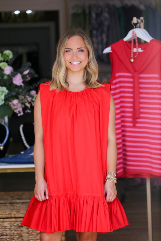 Sleeveless Ruffle Drop Waist Mini Dress in Red