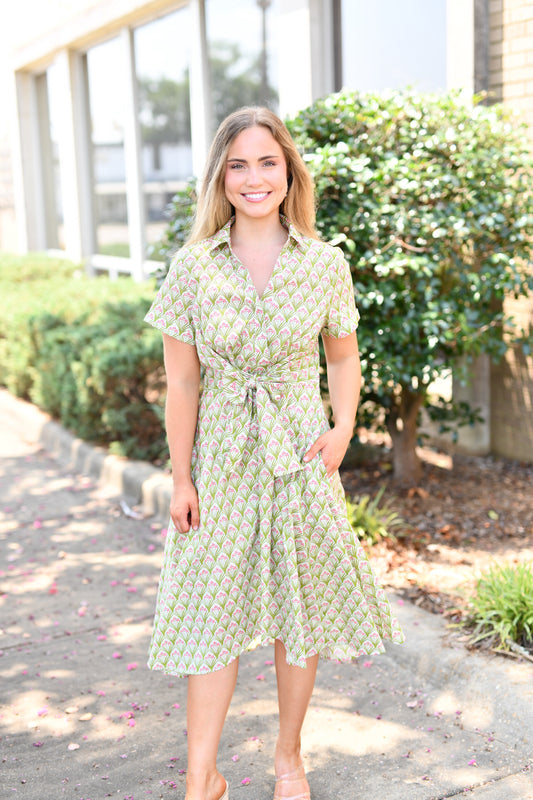 Flower Print Front Twist-Tie Dress-Green