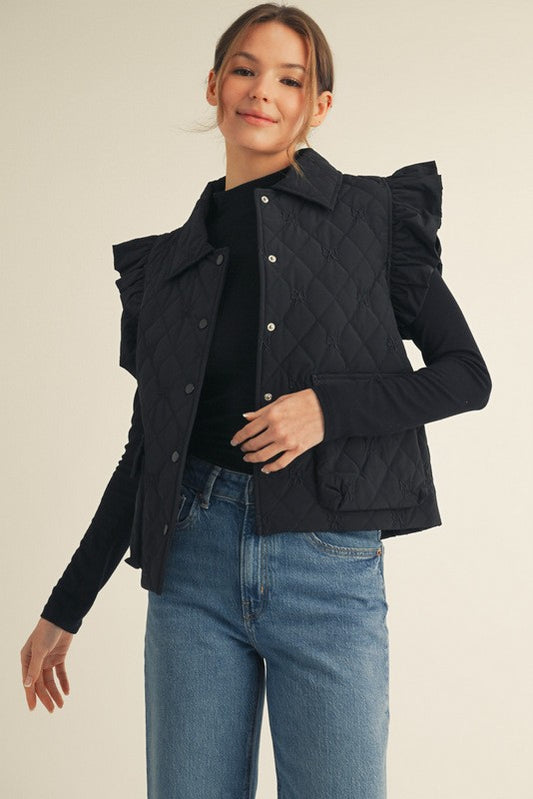 Bow Embroidered Quilted Vest-Black