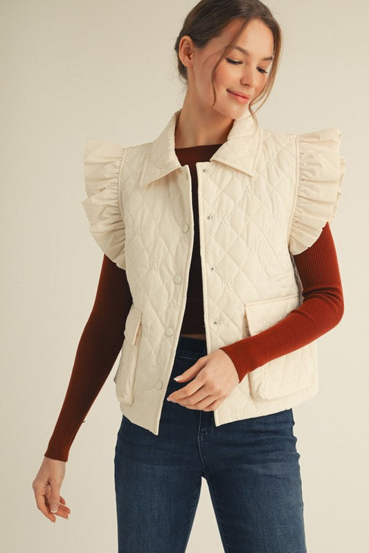 Bow Embroidered Quilted Vest-Ivory