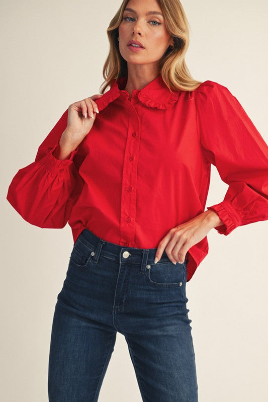 Ruffle Button Down Lovely Shirt-Red