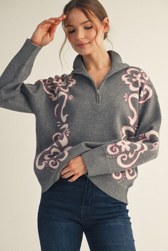 Floral Pattern Zip Up Sweater- Grey