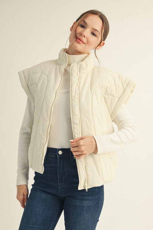 Front Zip Up Puffer Vest- Ivory