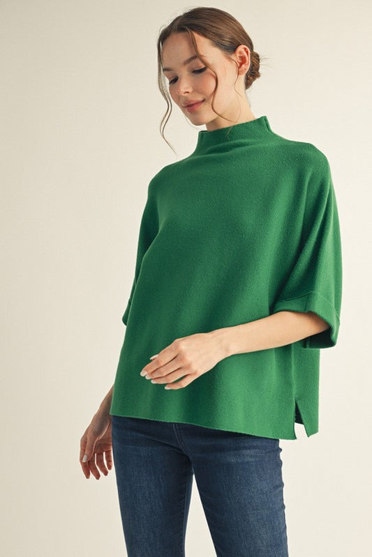 Mock Neck Soft Sweater Top-Green