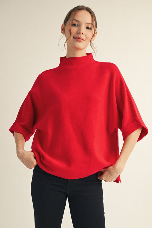 Mock Neck Soft Sweater Top-Red