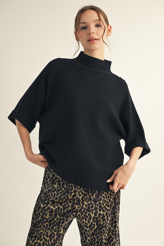 Mock Neck Soft Sweater Top-Black