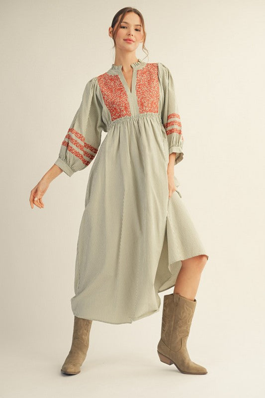Embroidered Stripe Midi Dress-Olive