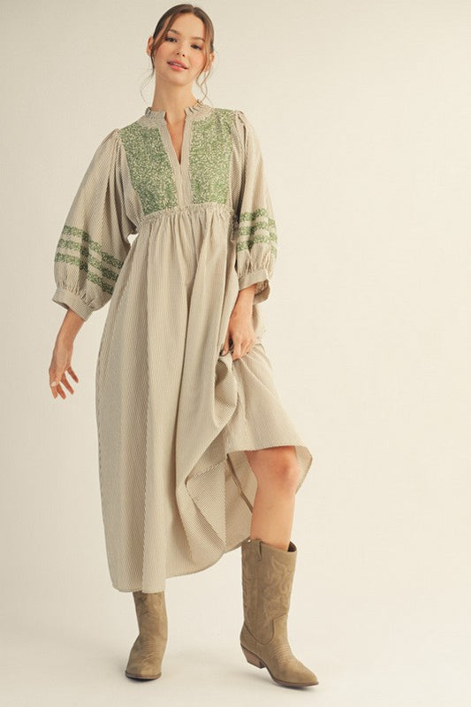 Embroidered Stripe Midi Dress-Toffee