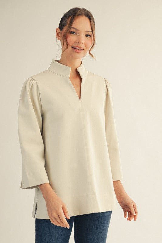 Collared Puff Shoulder Solid Top-Cream
