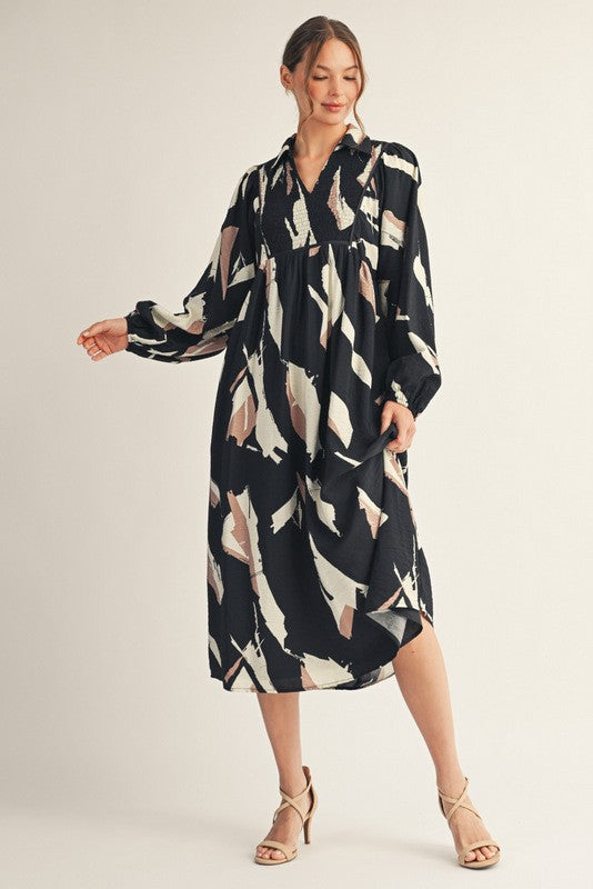 Abstract Print Midi Dress-Black