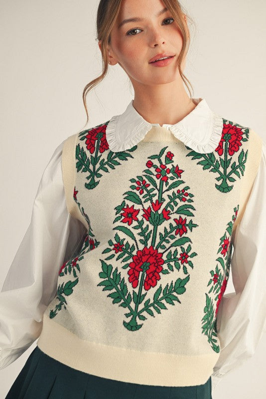 Lovely Floral Sweater Vest-Cream