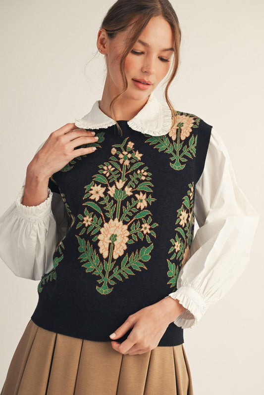 Lovely Floral Sweater Vest-Black