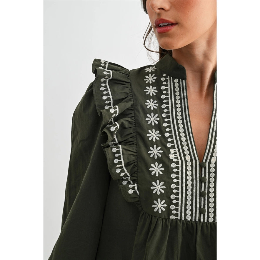 Olive Embroidered Ruffle Blouse