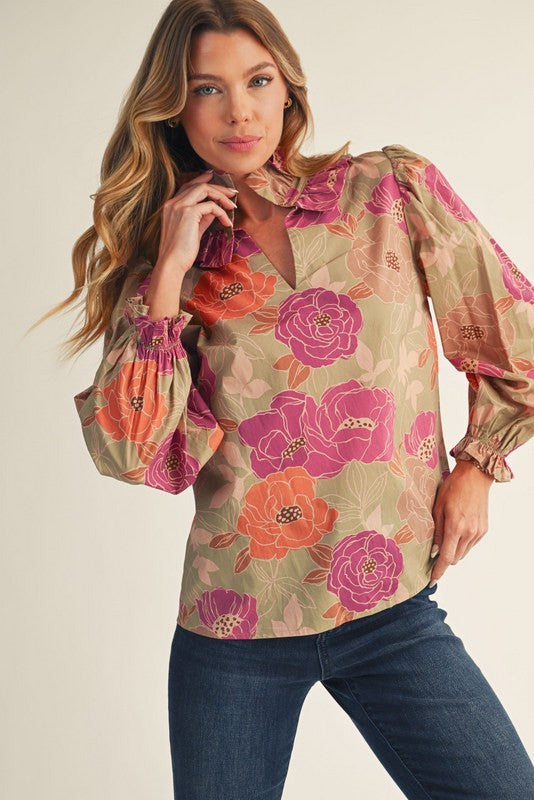 Ruffled High Neck Floral Top