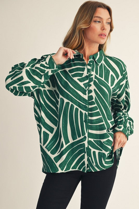 Abstract Print Oversized Shirt-Green