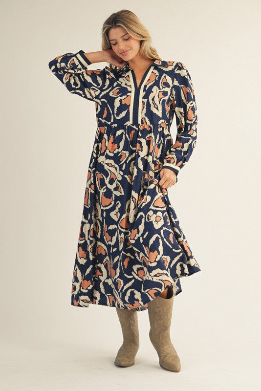 Boho Floral Midi Dress-Navy