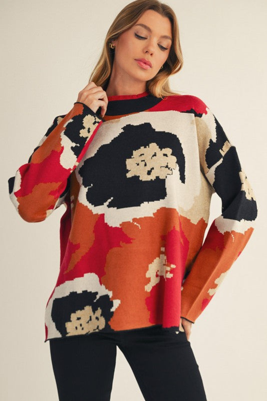 Big Floral Sweater Top- Black Mix