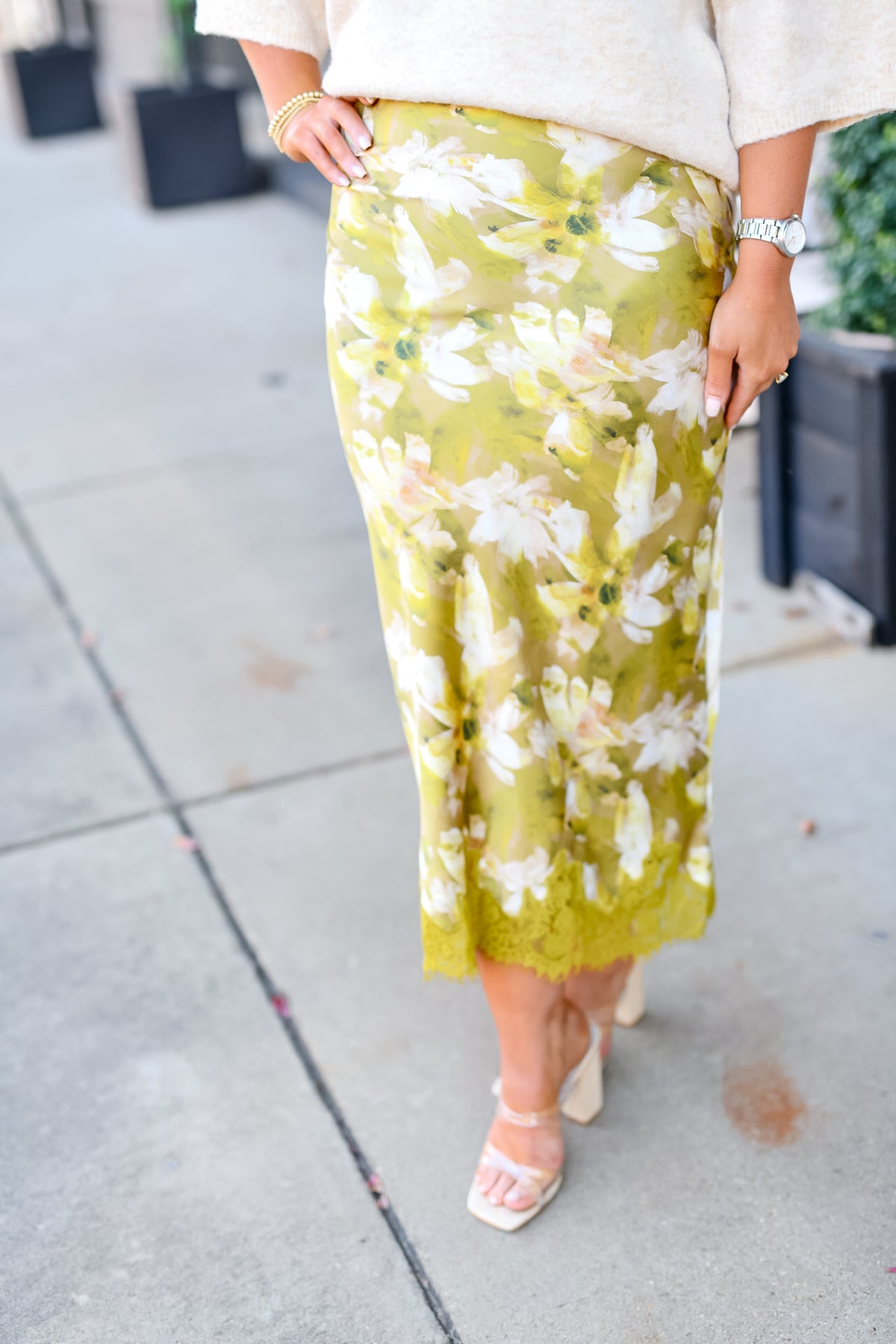 Lace Satin Floral Midi Skirt in Olive