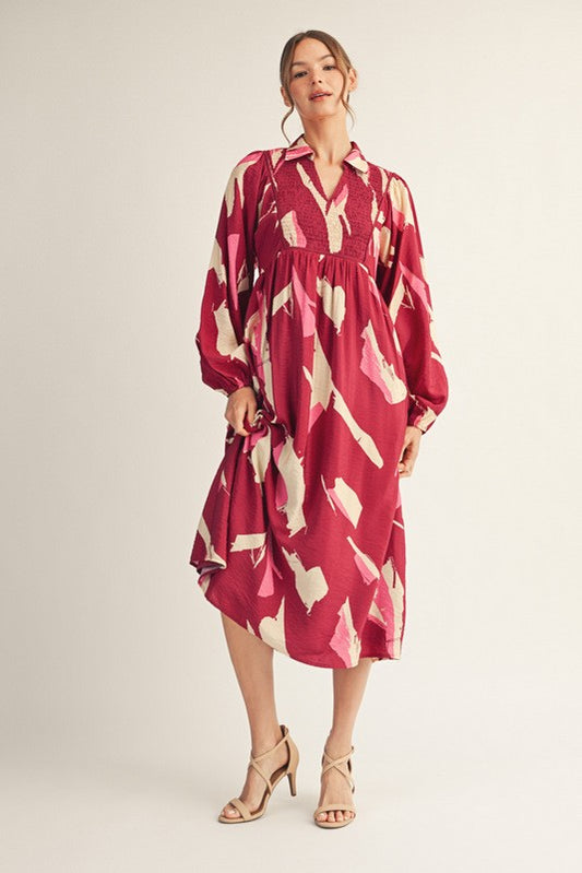 Abstract Print Midi Dress-Magenta