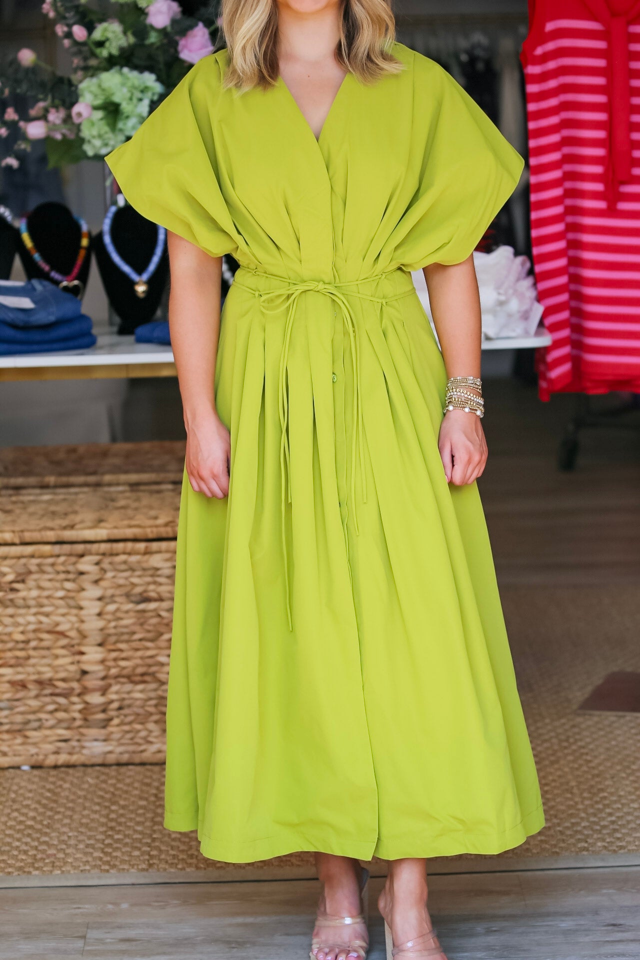 Pleated Waist Tie Flare Midi Dress in Lime