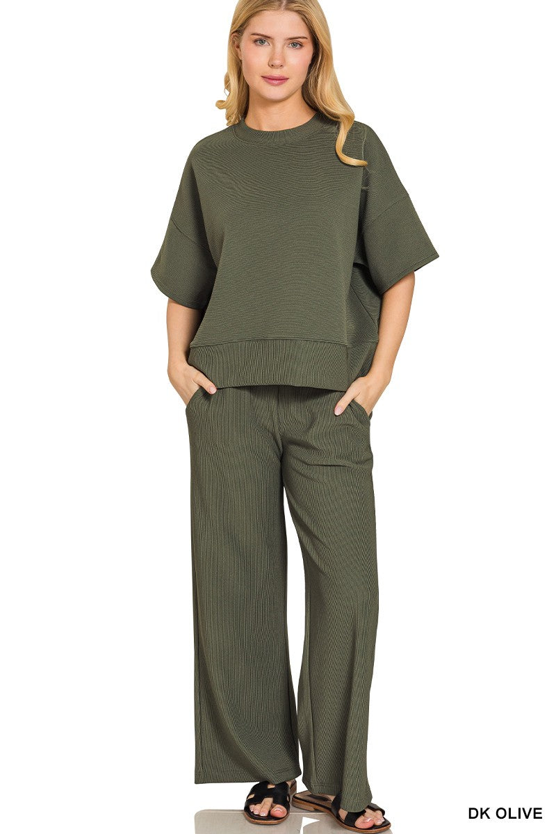 Ribbed Round Neck Tee & Pants Set in Dark Olive