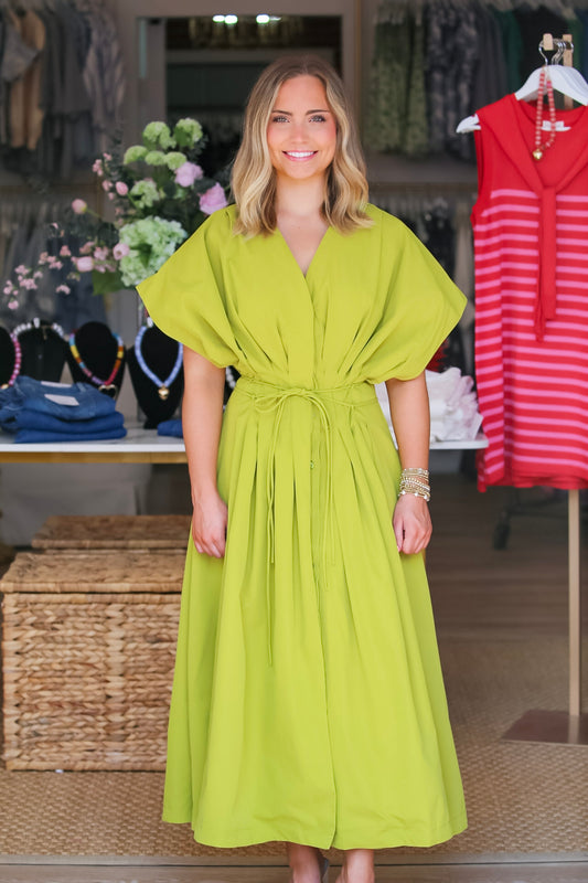Pleated Waist Tie Flare Midi Dress in Lime