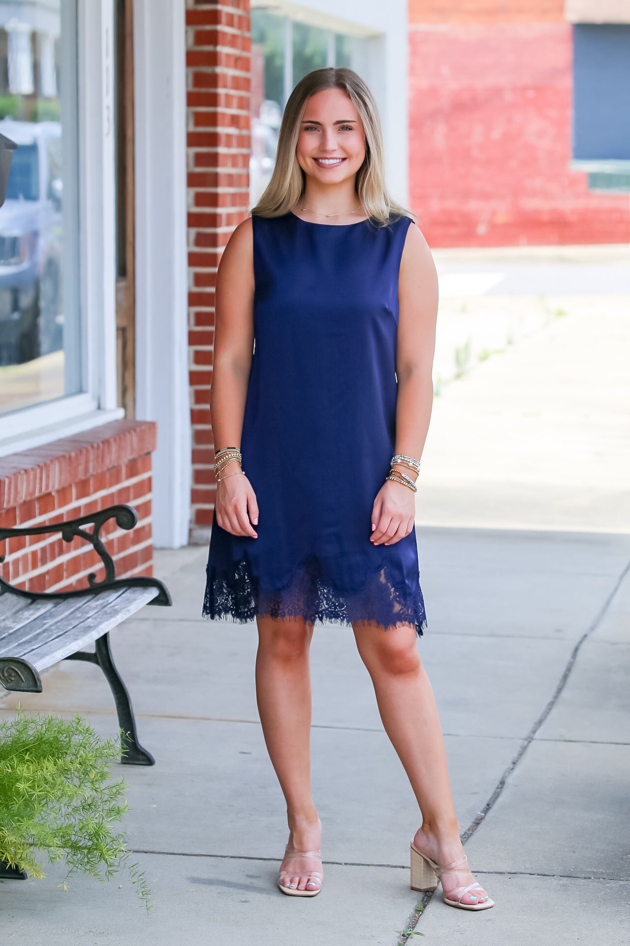 Lace Detail Satin Shift Dress in Navy