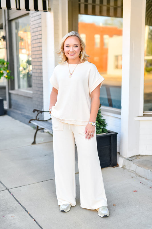 Cotton Short Sleeve & Long Pants Set in Light Beige