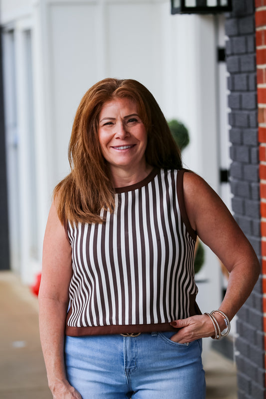 Stripe Sleeveless Round-Neck Top in Brown