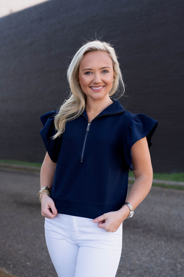 The Tricia Ruffle Sleeve Top in Navy