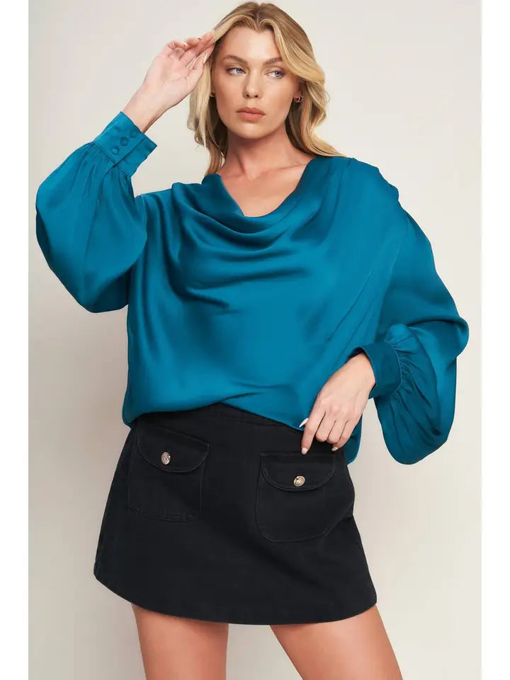 Solid Woven Satin Top-Teal