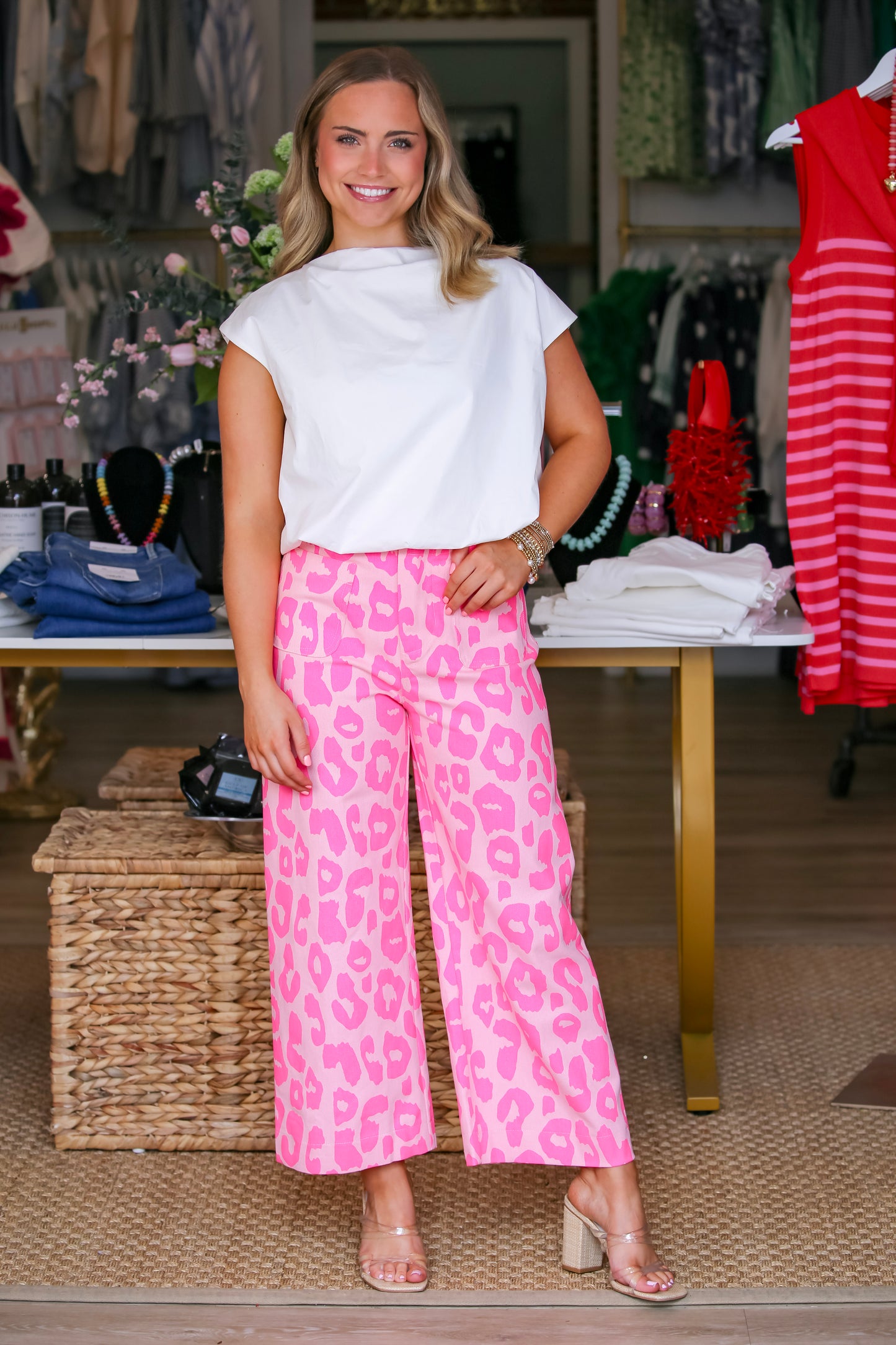 Leopard Pants Colette Cropped Wide-Leg in Pink
